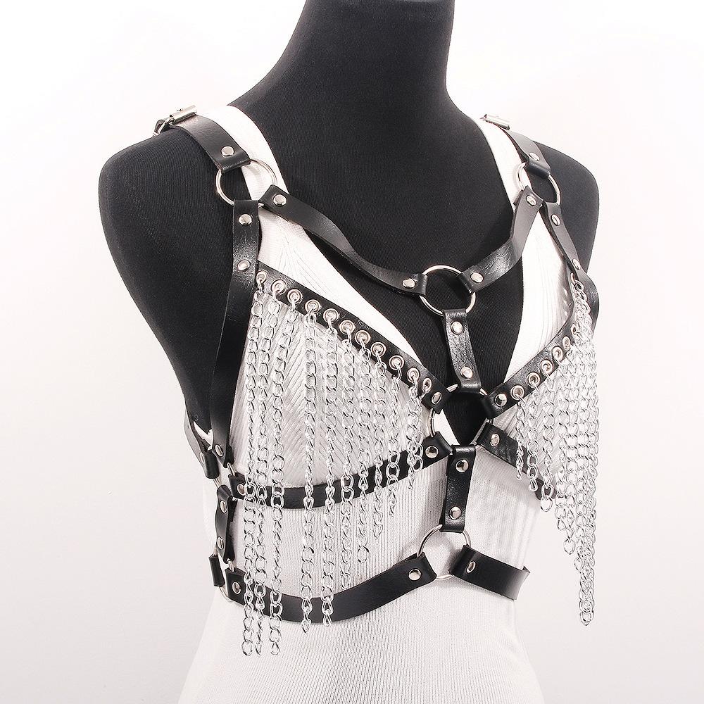 C271 Exaggerated Rock Body Chain PU Chain Tassel Sexy Hot Bundle Strap Bra Accessories Female