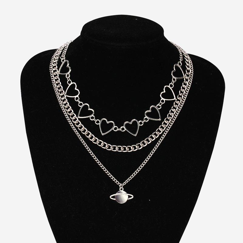 Jewelry Stacked Versatile Hollow Heart Chain Necklace Set Chain Fashion Planet Pendant Necklace