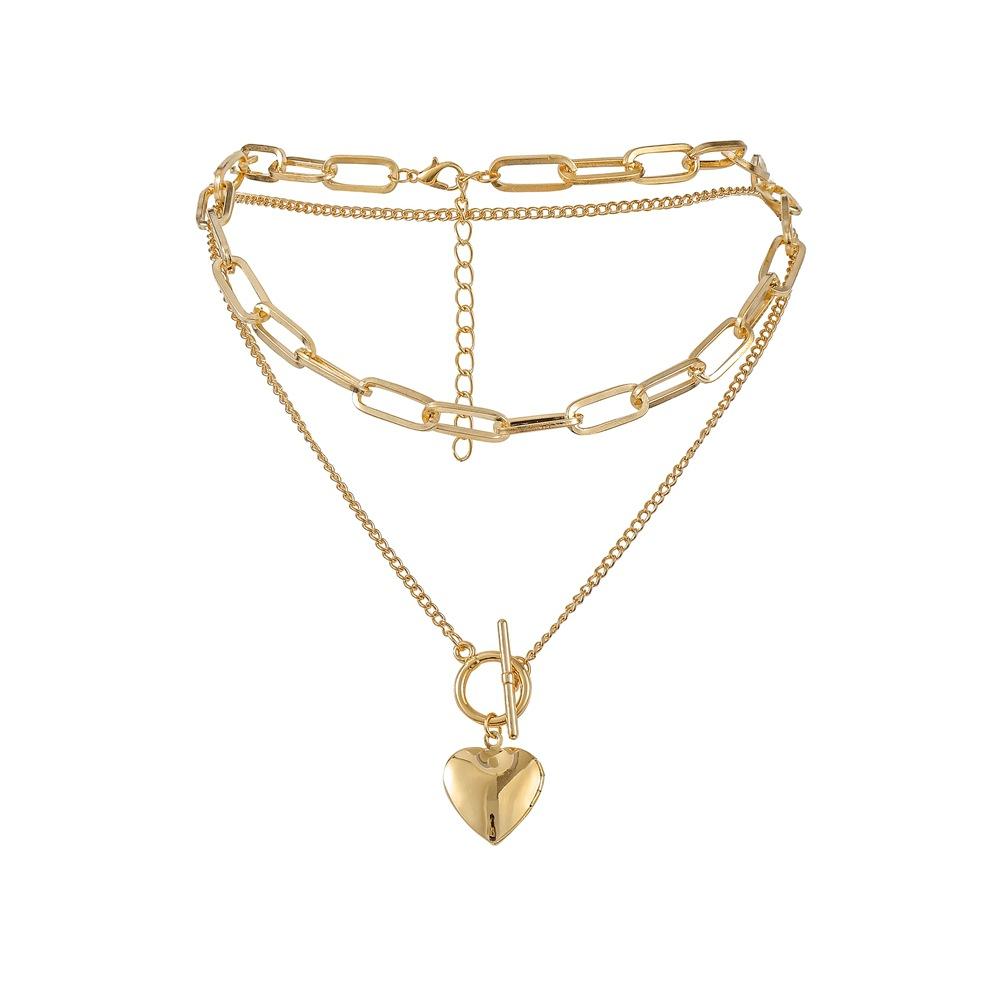 Jewelry ins personality heart-shaped pendant fashion metal exaggerated thick chain OT buckle multi-layer necklace