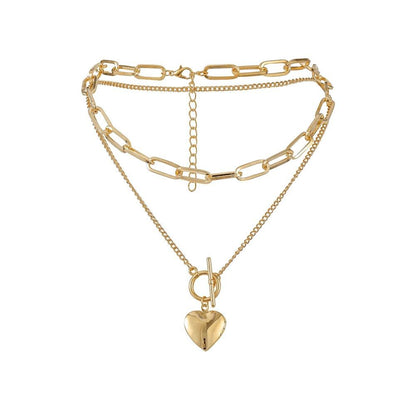Jewelry ins personality heart-shaped pendant fashion metal exaggerated thick chain OT buckle multi-layer necklace