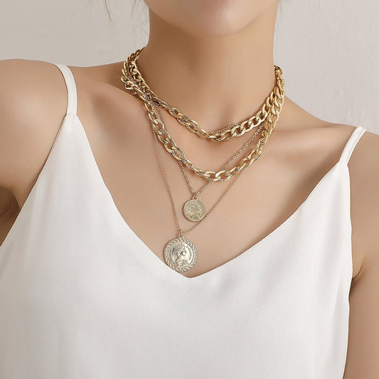 Jewelry aluminum alloy multi-layer round plate pendant necklace ladies fashion temperament handmade popular necklace