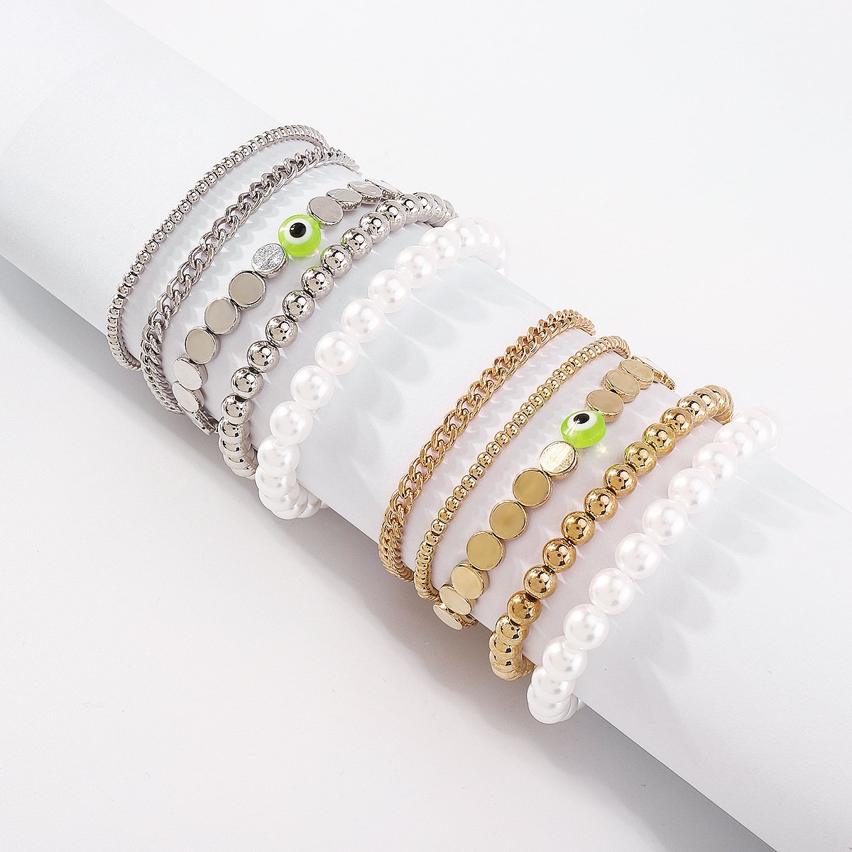 B1726 Personality Beaded Hand Decoration Imitation Pearl Resin Eye Chain Bracelet Stretch Stackable Geometric Bracelet