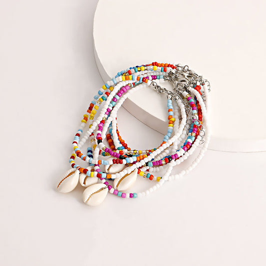 Jewelry Bohemian double-layer color rice beads shell beach anklet female summer