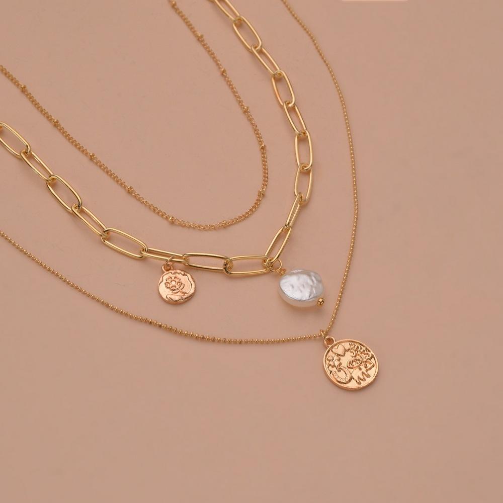 Fashion Simple Alloy Shaped Pearl Pendant Necklace Multilayer Chain Necklace Accessories