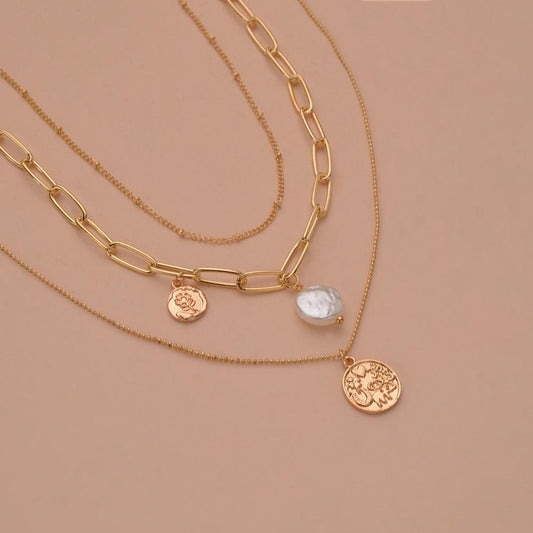 Fashion Simple Alloy Shaped Pearl Pendant Necklace Multilayer Chain Necklace Accessories