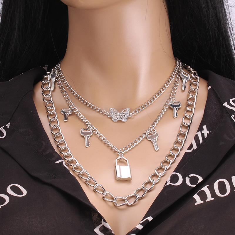 Minority Design Diamond Butterfly Necklace Female Simple Versatile Padlock Key Pendant Clavicle Chain Multi-layer Set Chain