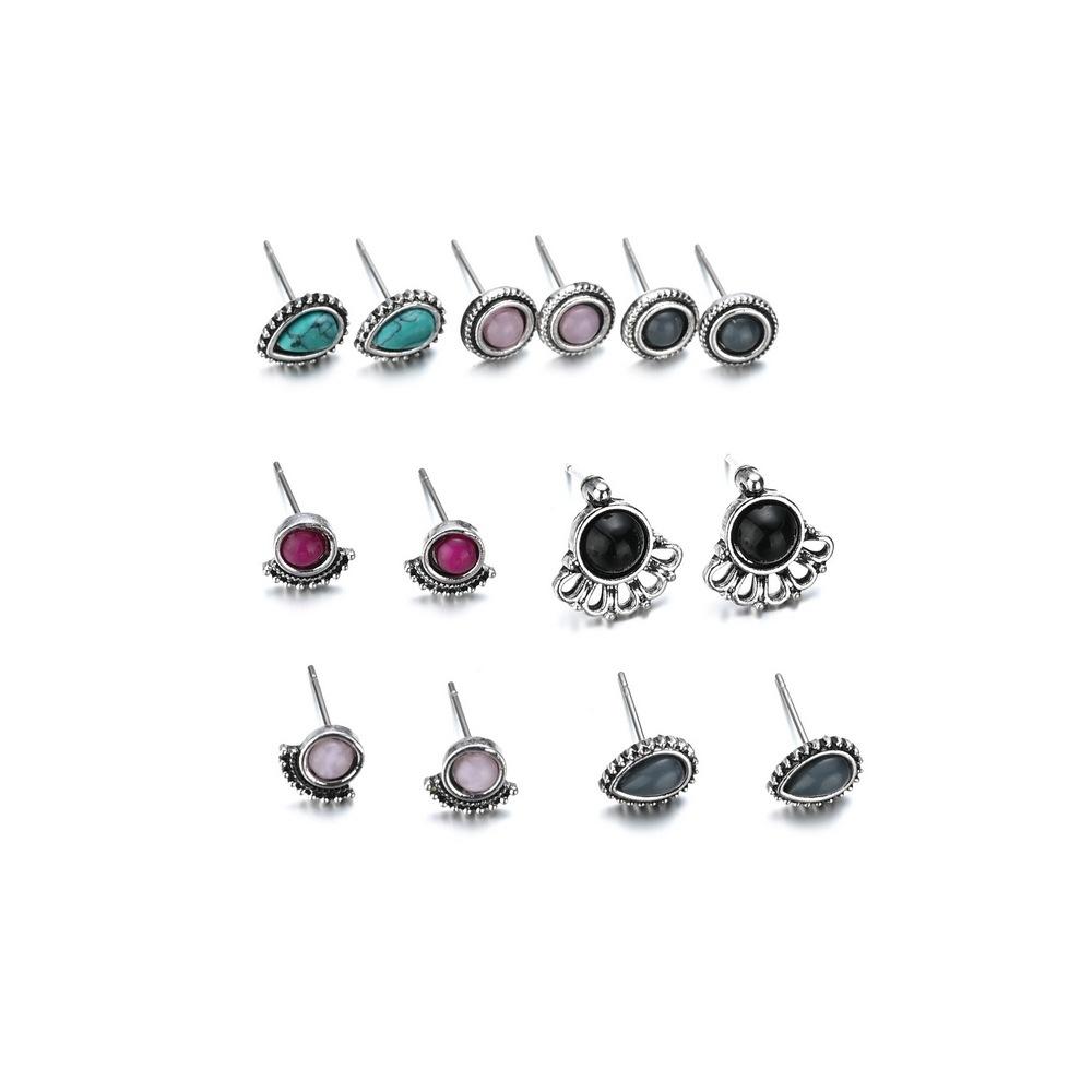 Fashion Retro Resin Alloy Small Stud Earrings Water Drop Oval Geometric Multi-Piece Set Earring Accessories