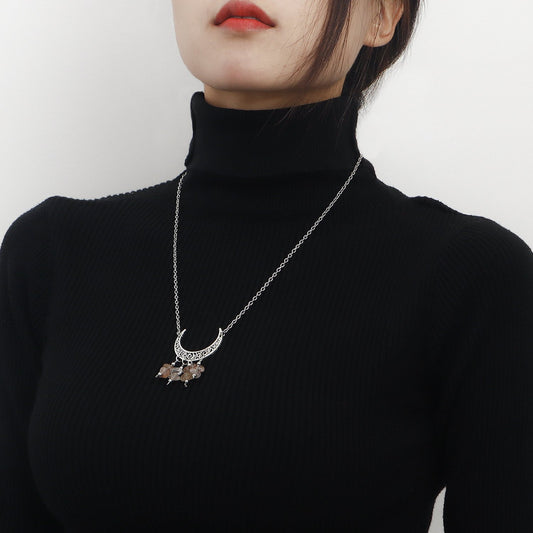 Jewelry natural gravel hollowed out crescent moon tassel pendant sweater chain female autumn and winter high-end necklace