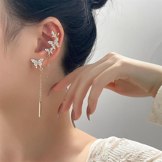 ins simple diamond-studded butterfly asymmetric ear clip fashion super fairy temperament one-piece tassel earring ear wire