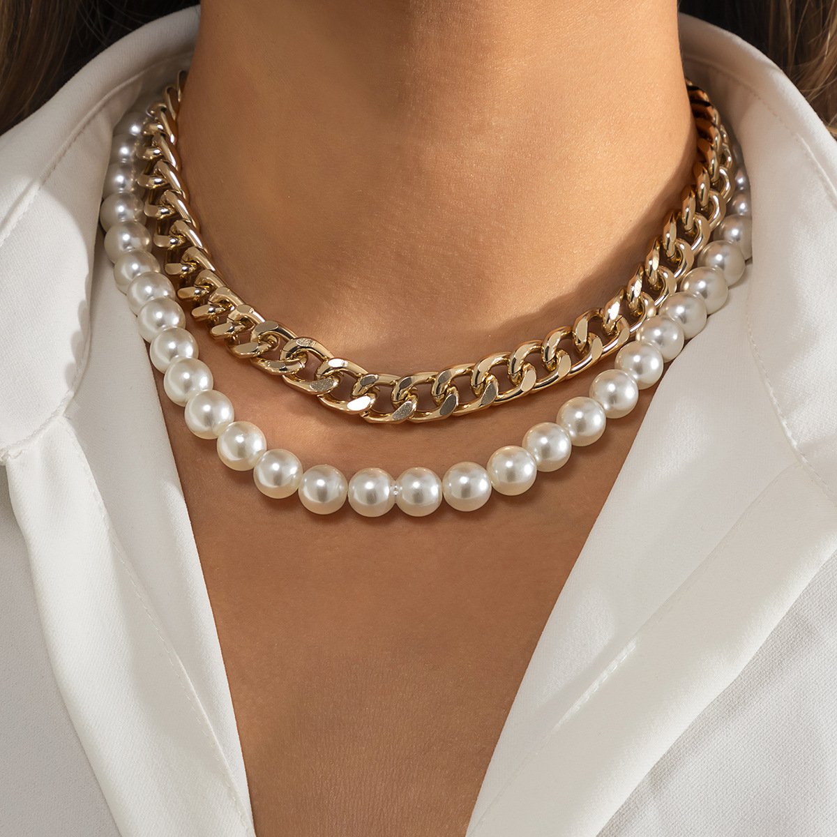 Jewelry Hip Hop Retro Metal Aluminum Chain Necklace Female Simple Versatile Imitation Pearl Clavicle Necklace