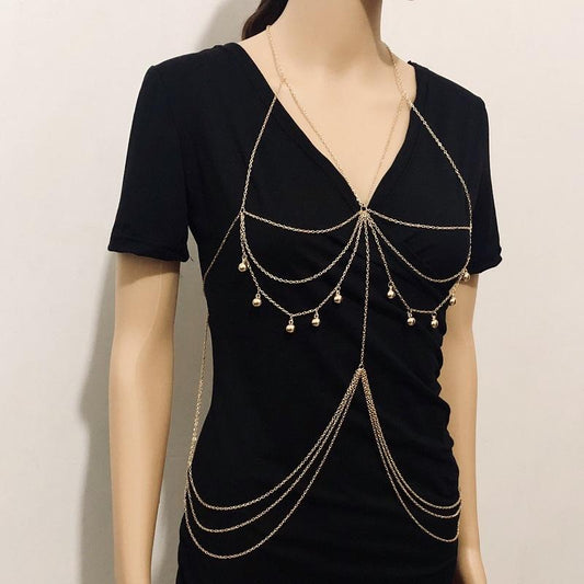 Multilayer Tassel Chest Chain Fashion Water Drop Ball Bead Waist Chain Sexy Beach Bikini Body Chain Women