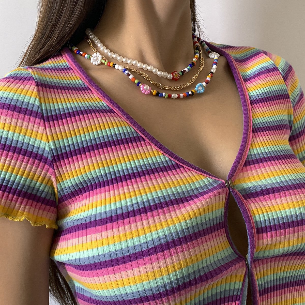 Hip Hop Sweet Cool Metal Chain Pearl Necklace Bohemia Small Daisy Flower Rice Bead Necklace