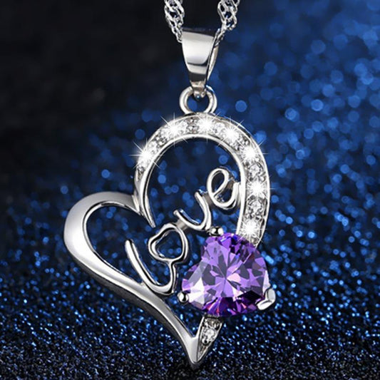 Temperament simple women's heart-shaped amethyst LOVE diamond pendant necklace fashion jewelry