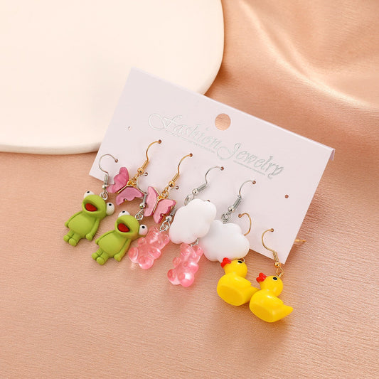 Sweet Cool Acrylic Earring Set Fashion Cartoon Butterfly Frog Little Yellow Duck Earrings Set of 5