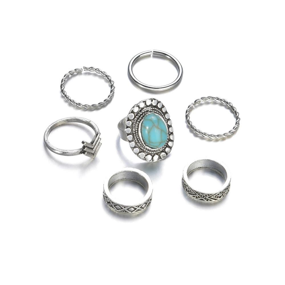 Vintage Ethnic Turquoise Ring Fashion Alloy Multi-Piece Knuckle Ring Finger Ring Accessories