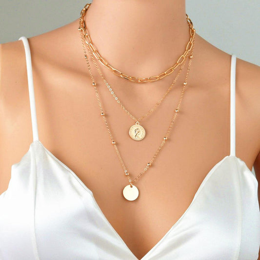 Fashion Round Alloy Queen Head Necklace Simple Multi-Layer Clavicle Chain Necklace Accessories