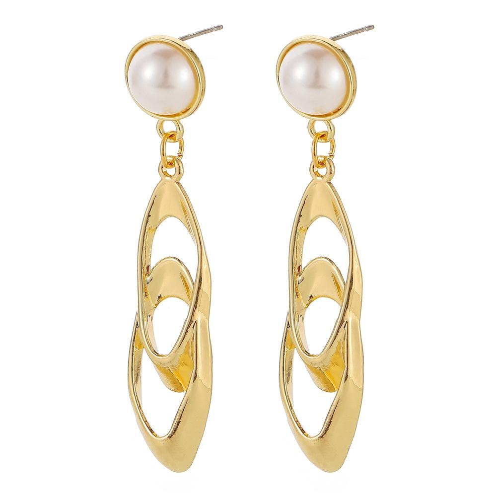 Earrings Jewelry Temperament Pearl Simple Geometric Double Oval Metal Earrings Advanced Sense Versatile Earrings