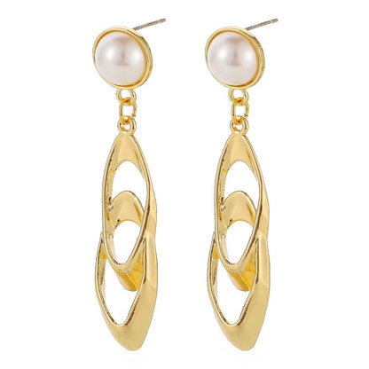 Earrings Jewelry Temperament Pearl Simple Geometric Double Oval Metal Earrings Advanced Sense Versatile Earrings
