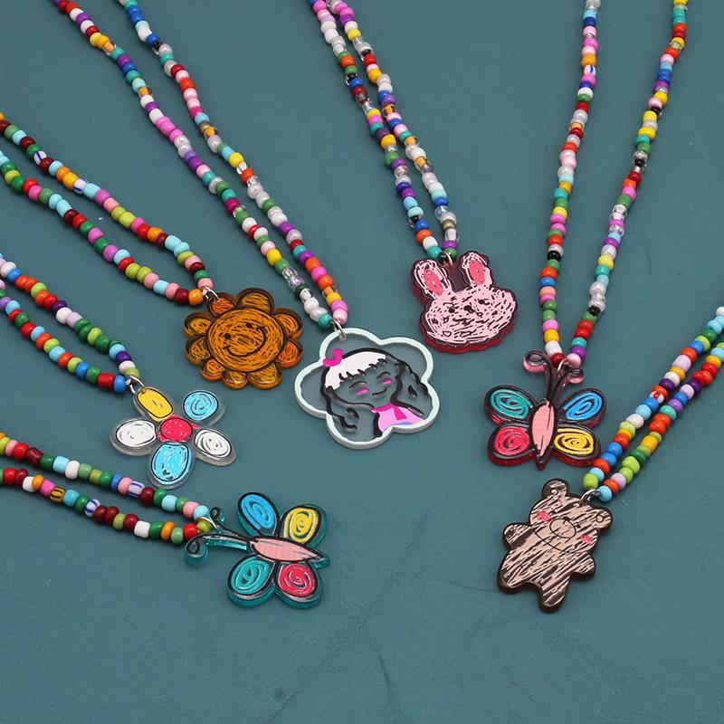 Colorful Beaded Necklace Cartoon Cute Niche Colorful Beaded Necklace Girl Heart Clavicle Chain Short Pendant
