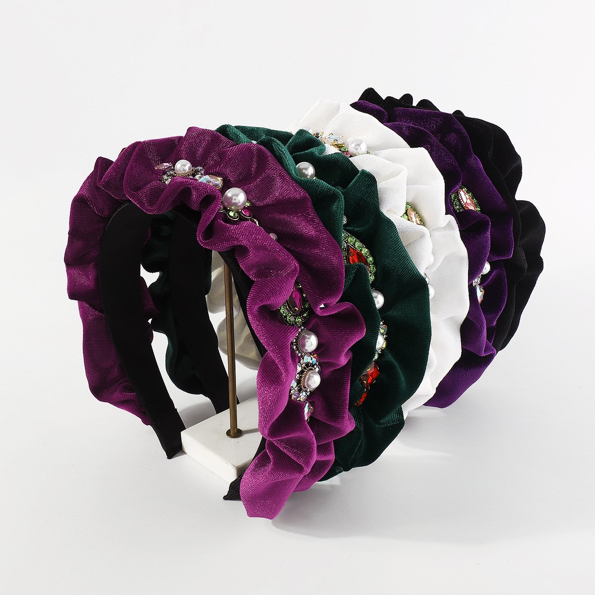 F528 retro velvet folds pearl rhinestone headband French court exaggerated geometric light luxury headband