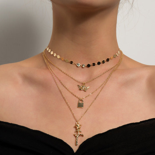 Jewelry Simple Harajuku Multi-layer Angel Lock Rose Pendant Fashion Personality Small Circle Necklace