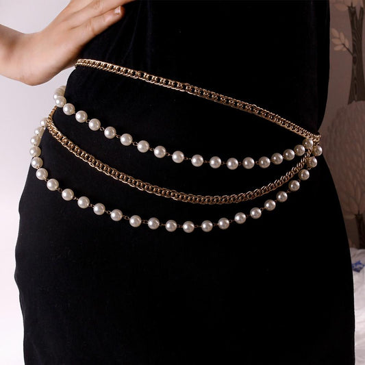 Jewelry hip-hop metal texture imitation pearl multi-circle waist chain temperament small incense chain body