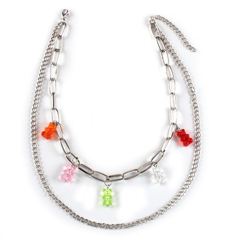 Candy-colored acrylic bear necklace street shooting hip-hop necklace trend youth multi-layer necklace