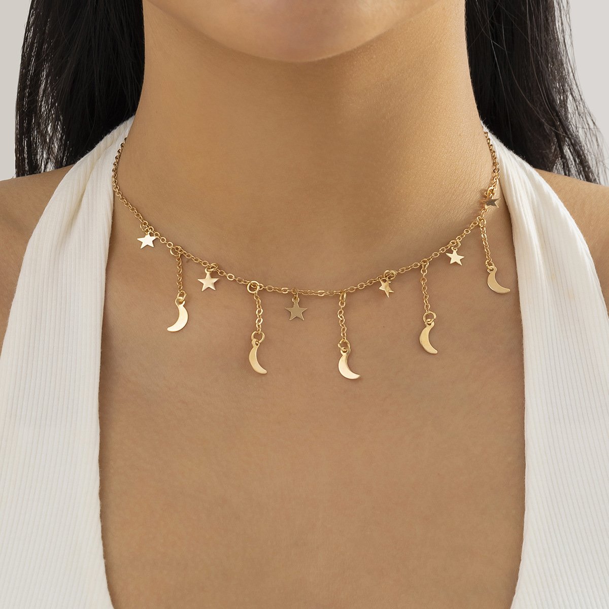 Jewelry Sweet Cool Simple Metal Chain Necklace Female Minority Star Moon Tassel Personality Clavicle Necklace