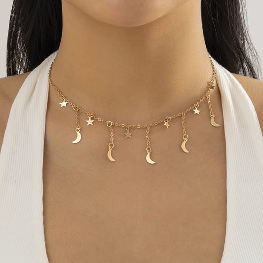 Jewelry Sweet Cool Simple Metal Chain Necklace Female Minority Star Moon Tassel Personality Clavicle Necklace