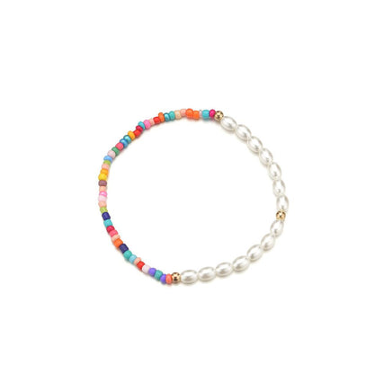 Fashion Oval Pearl Anklet Bohemian Vacation Colorful Rice Bead Elastic Thread Anklet Accessories