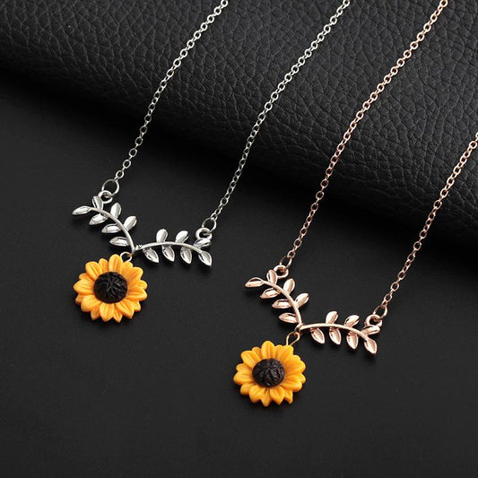 Sunflower leaves flower pendant collarbone chain necklace earrings set branches three-piece set