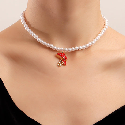 Jewelry ins imitation pearl red mushroom necklace necklace female retro all-match simple collarbone necklace
