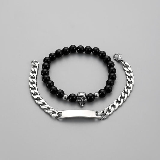 Fashion Simple Personality Domineering Niche Stainless Steel Square Brand Skull Black Bead Bracelet Set Men