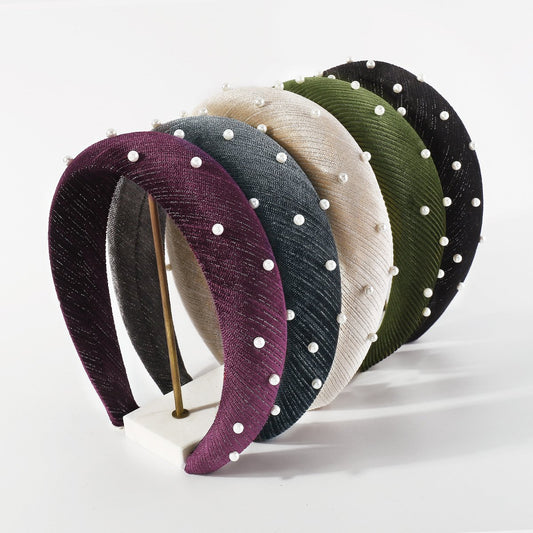 F4978 wide-brimmed retro pure color sponge imitation pearl headband female high skull top internet celebrity simple velvet headband