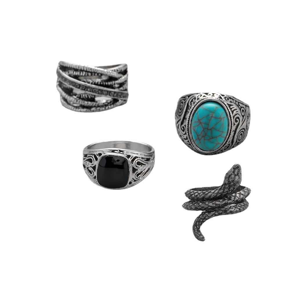 Trendy street photography luxury punk men's alloy creative personality exaggerated turquoise snake ring set