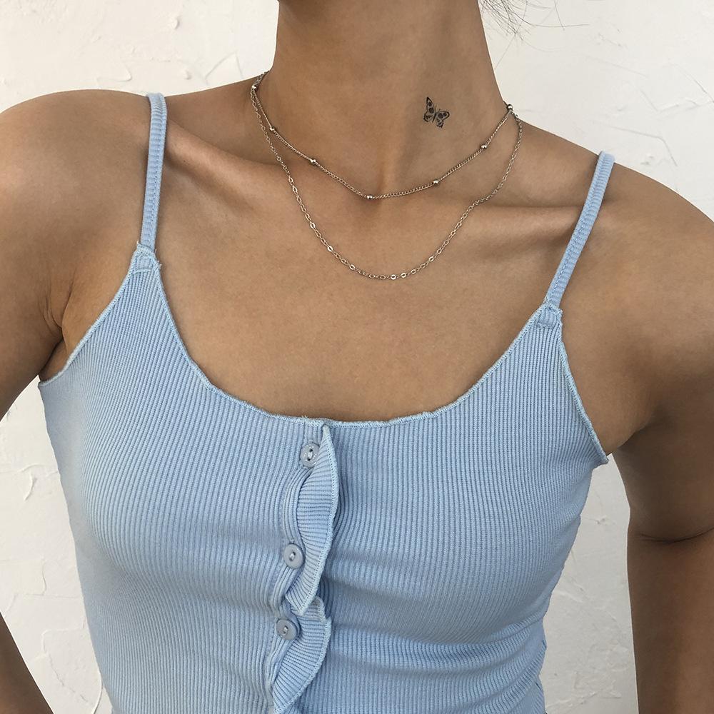 N8257 Necklace Retro Hong Kong Simple Double Layer Clavicle Chain Geometric Chain Bead Necklace