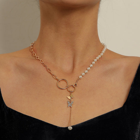 Jewelry Geometric Circle Full Diamond Butterfly Pendant Necklace Female Tassel Pearl Hole Metal Necklace