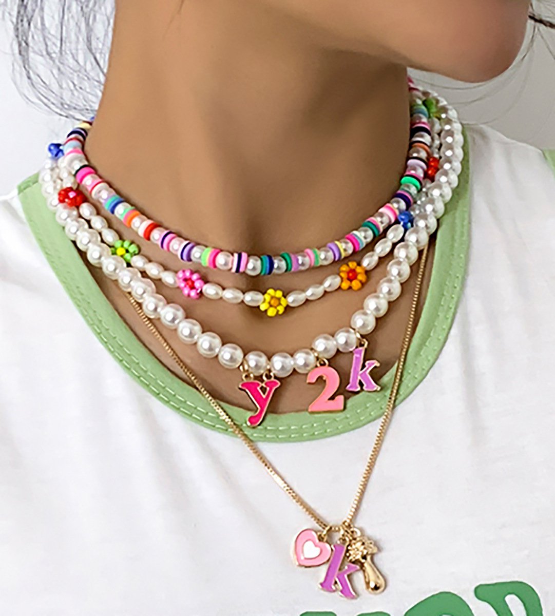 Jewelry personalized daisy woven necklace set sweet cool imitation pearl color painting oil letter necklace