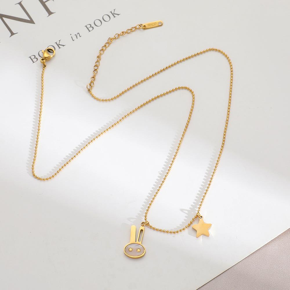 ins simple cute white rabbit stainless steel necklace five-pointed star rabbit head animal pendant star collarbone chain jewelry