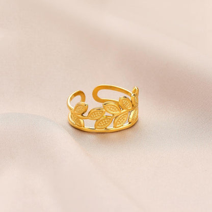 Fashion personality adjustable love stainless steel open ring simple feather leaf heart-shaped ring jewelry