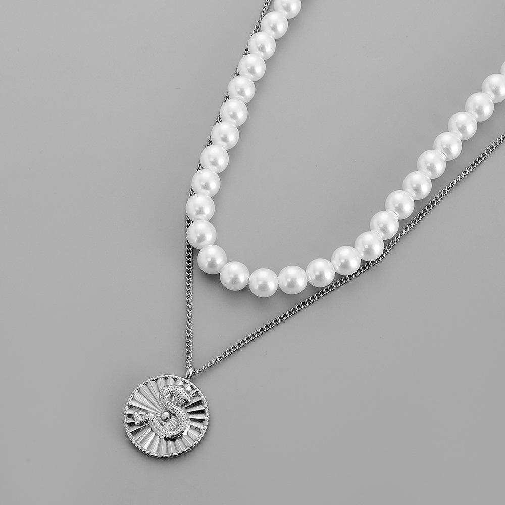 Trend collocation double-layer stainless steel embossed coin pendant double-layer pearl collarbone chain necklace men
