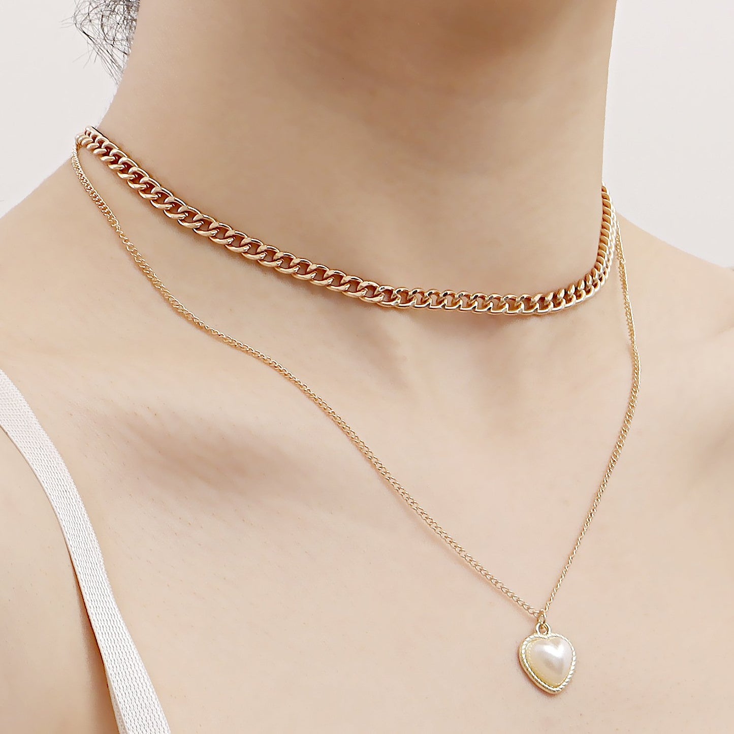 Jewelry double-layer punk clavicle chain imitation pearl love pendant necklace female ins hot girl necklace