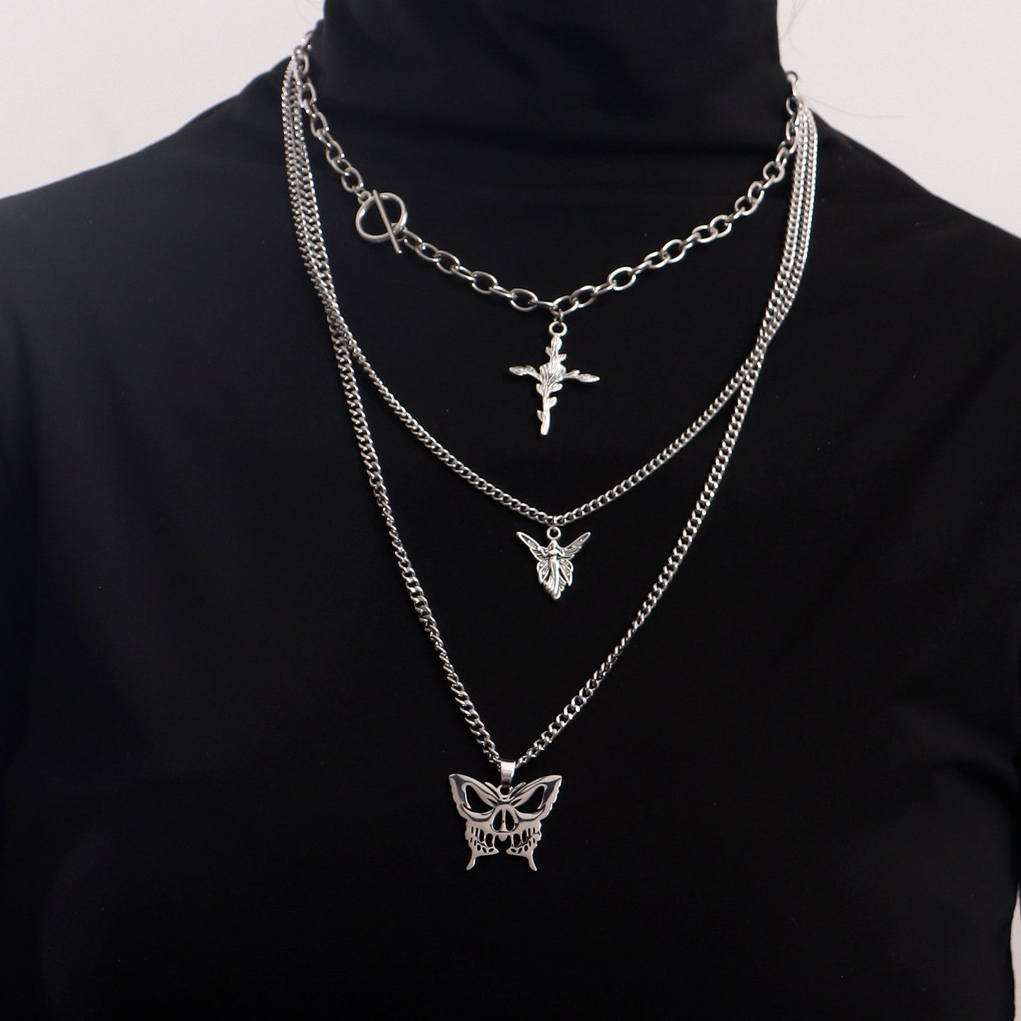 Jewelry Trend Multilayer Hollow Butterfly Rose Cross Sweater Necklace Female Necklace
