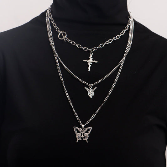 Jewelry Trend Multilayer Hollow Butterfly Rose Cross Sweater Necklace Female Necklace
