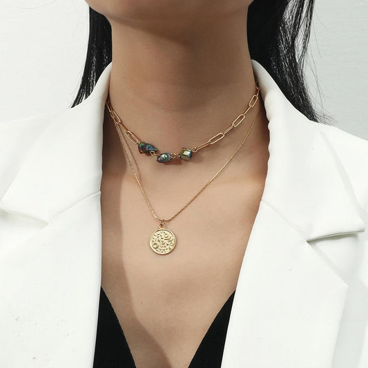 Double-layer Sun Moon Coin Raw Stone Pendant Titanium Steel Gold Necklace Independent Packaging Necklace