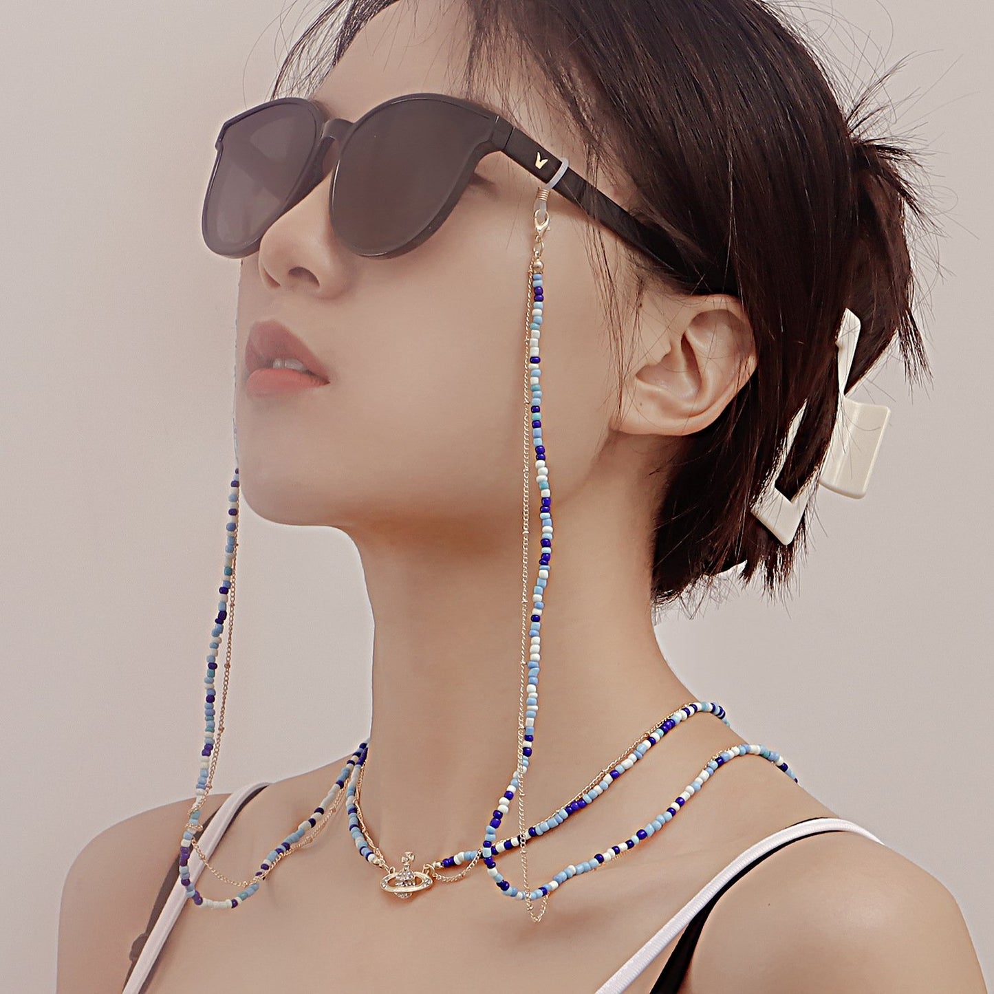 Jewelry ocean blue rice bead cosmic planet double-layer winding glasses chain female mask chain