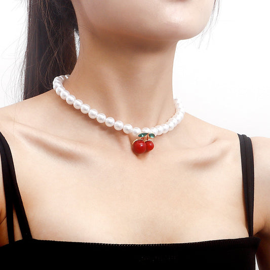 Jewelry y2k acrylic big pearl exaggerated red cherry necklace female niche design choker