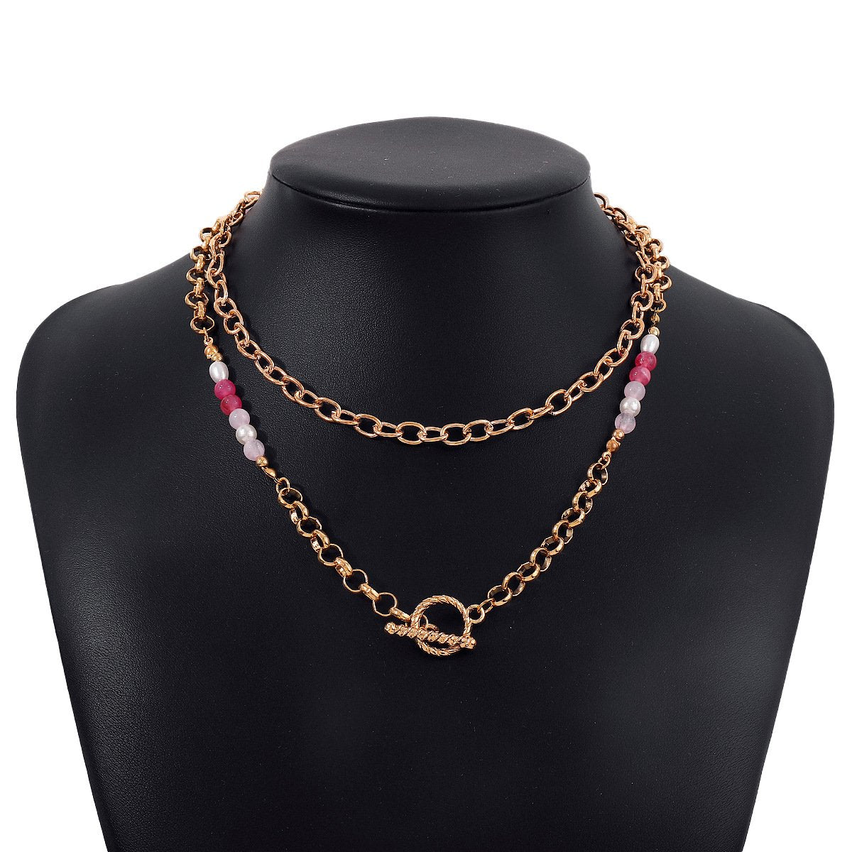 N1582 Niche Double O-chain Clavicle Necklace Imitation Pearl Metal Exaggerated Simple Hong Kong Necklace Women