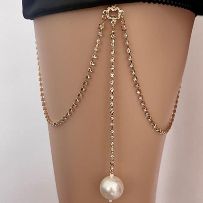 Trendy multi-layer claw diamond pearl leg chain women's rhinestone pearl elastic thigh chain beach body chain jewelry