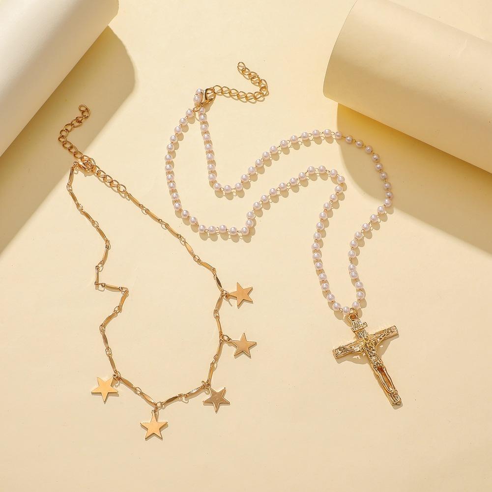 Ins personality bright five-pointed star necklace creative cross pendant temperament pearl fashion double layer necklace